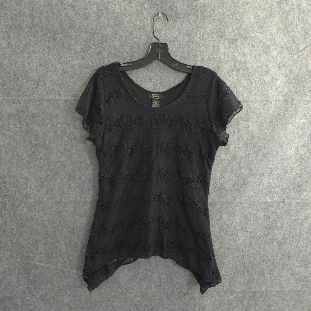 Shannon Ford New York Top Short Sleeve Asymmetrical Hem Black Scoop Neck Elegant